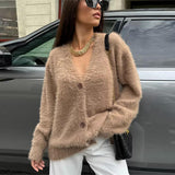 Black Friday Dodobye Casual Solid Imitation Mink Cardigan Women Loose Knitted Plush V-neck Single-Button Sweaters Female Autumn Chic Street Tops