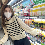 Black Friday Dodobye Black White Striped Knitted Sweater Women Korean Fashion Lantern Sleeve Fall Winter Sweet Fake Two-Piece Pullover School Jumpers