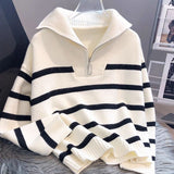 Black Friday Dodobye Korean Striped Knit Pullover Women Half Zip Casual Loose Lazy Autumn Winter Jumpers Pretty Style Basic Warm Female Sweater