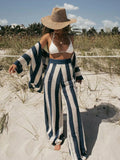 Dodobye Casual Knit Stripe Pants Sets Women Loose Lapel Button Shirt Wide Leg Hollow Out Pant 2024 Summer Lady Fashion Beach Outfits New