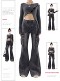 Dodobye Women Vintage Baggy Cargo Flare Jeans High Waist Denim Trouser Emo 2000s Y2k Harajuku 90s Black Gothic Jean Pants Trashy Clothes