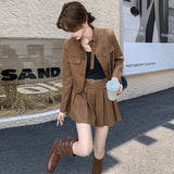 thanksgiving outfit Dodobye Maillardchamois Leather Vintage Korean Style Cropped Mini Dress 2024 Autumn New Arrival Women's Top Jacket Suit