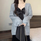 Black Friday Dodobye Bow Sexy Backless Women Sweater Knitted Reversible Gray Loose Lazy Chic Pullover Simple Harajuku Sweet Student Jumpers