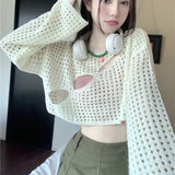 Black Friday Dodobye Chic Hollowed Out Smock Women Long-Sleeve Solid Sexy Cropped Tops Blouse Harajuku Fashion Loose Knitted Y2K High Street Sweater