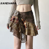 Dodobye E-girl Gothic Y2k Irregular Grid Splicing V-shape Waist Plaid Skirt Retro Personalized Lace Short Skirt Female Clothing