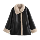 Black Friday Dodobye Autumn New Product Women's Collar Leather Effect Double sided Loose Versatile Jacket PU Leather Coat