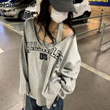 Dodobye Sudaderas Spring Autumn Sweatshirt Halter Letter Print Loose 2 Piece Aesthetic Hoodies Women Retro Fashion Casual Y2k Streetwear