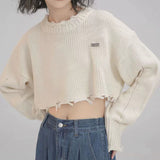 Black Friday Dodobye Y2K Ripped Knitted Crop Sweater Women Autumn Fashion Long Sleeve Tassel Pullover Korean Loose Streetwear Hollow Out Chic Jumper