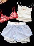 Dodobye Summer Sweet Lace Slim 4 Piece Set Women Fashion Y2k Elastic V Neck Sling Plaid Tops Female + Elastic Waist Bow Short Pants 2025