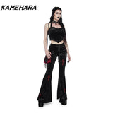 Dodobye American High Street Dark Gothic Cross Embroidered Bell Bottom Pants for Women's Outfit High Waisted Slimming Y2k Pants