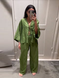 Dodobye Casual Loose 2 Pieces Sets Women 2024 Summer V-neck Lace Up Long Sleeve Blouses Wide Leg Trousers Vintage Green Lady Pants Suit