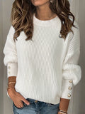 christmas outfit Dodobye Long Sleeves Loose Buttoned Solid Color Split-Joint Round-Neck Pullovers Sweater Tops