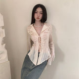 Dodobye Sexy Lace Up Women Blouse Long Sleeve Spring New Turn-Down Collar Shirt White Y2K Korean Fashion Ladies Tops