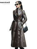 christmas outfit Dodobye Spring Long Black Soft Skirted Pu Leather Trench Coat for Women Sashes  Elegant Luxury Plus Size Clothes 5xl 6xl 7xl