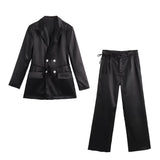 Black Friday Dodobye 2024 Autumn New Product Women's Double breasted Vertical Suit Coat High Waist Straight Tube Silk Texture Pants Set