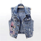 Dodobye 2025 Denim Women Vest Pearl Fashion Ripped Autumn Jeans Jacket Sleeveless Loose Short Coat Streetwear Beaded Flower Denim Vest