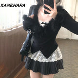 Dodobye Japanese Harajuku Spring V-neck Long Sleeve Cardigan Bow Inner Strap High Waist Slimming Short Skirt Y2k 3 Piece Sets