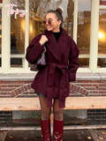 christmas outfit Dodobye 2025 Elegant Women's Burgundy Red Lace Up Woolen Coats Autumn Chic Full Sleeve Lapel Collar Jackets Female New Trendy Streetwear