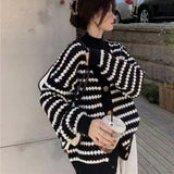 Black Friday Dodobye Striped Knit Cardigan Women Black White Patchwork Fall Winter Warm Button Sweater Fashion Elegant Loose Chic Twist Coat