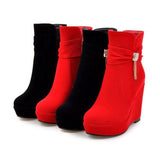 thanksgiving outfit Dodobye Sexy Red Women Ankle Boots Round Toe Wedges High Heel 11cm Flock Suede Big Size 42 43 Red Female Booties