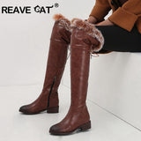 thanksgiving outfit Dodobye Snow Boots fur Women Leather Boots Med Block Heels Over The Knee Boots Lady Shoes Bota Feminina Size 44 46