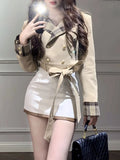 Dodobye Autumn Winter Korean Sweet Fashion 2 Piece Sets Women British Styleh Belt Office Lady Suit Coat + Elegant High Waist Mini Skirts