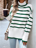 christmas outfit Dodobye Long Sleeves Loose Contrast Color Split-Side Striped High Neck Pullovers Sweater Tops