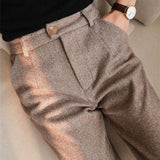 Dodobye Woolen Pants Women Harem Pencil Pants Spring High Waist Pockets Suit Pants Office Lady Striped Zipper Trousers