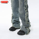 Dodobye Hip Hop Men'S Denim Pants Spring Autumn High Street Vibe Personalized Ragged Edge Splicing Jeans Trendy Designer Male Trousers