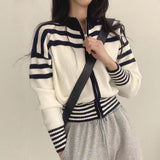 Black Friday Dodobye Striped Knitted Sweatshirt Women Patchwork Sporty Stand Collar Chic Running Spring Fall Jacket Simple Zipper Cropped Sweater