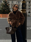 christmas outfit Dodobye 2025 Fashion Brown Women's Lace Up Faux Fur Coat Vintage V-neck Long Sleeve Fluffy Plush Jacket New Chic Ladies High Streetwear