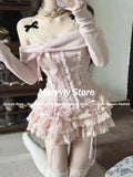 Dodobye Autumn Winter New Two Piece Set Kawaii Bow Off Shoulder Long Sleeve Tops + 2yk High Waist Ruched Cake Skirt Japanese Pink Suits