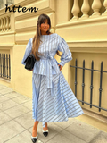 Dodobye Elegant Stripe Print Skirt Set Women Fashion Belt Lantern Sleeve Shirt Pleated Long Skirts 2024 Spring Summer Casual Lady Outfit