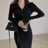 Black Friday Dodobye Knit Dress Women Elegant Korean Autumn Winter Long Sleeve V-Neck Button Slim Skirt Fashion Stretch Sweater Office Lady Dress