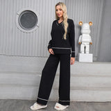 Dodobye Stripes V-neck Long Sleeve Top and Elastic High Waist Wide Leg Pants  Two-piece Women Office Loose Knit Outfi Set Office