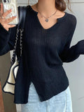 Dodobye-Solid V Neck Slit Thin Long Sleeve Knit