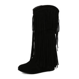 thanksgiving outfit Dodobye Women Mid Calf Boots Round Toe Increased Heel Fringe Flock Suede 46 47 48 Slip On Fashion Dating Bota