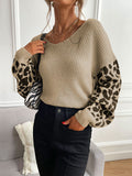 christmas outfit Dodobye Loose Puff Sleeves Leopard Split-Joint V-Neck Sweater Tops