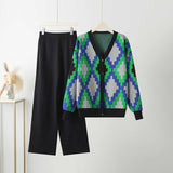 Dodobye V-Neck Argyle Contrast Color Single Breasted Long Sleeve Knitwears Cardigan and High Waist Pocket Wide Leg Pants Suit