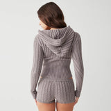 christmas outfit Dodobye Women Solid Gray Twist Knitted Hooded Sweater Vintage Slim Cropped  Pullover Knitwear Full Sleeve 2 pieces Set Tops