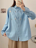 Dodobye Vintage Bear Flower Embroidery Denim Blouses&Shirts