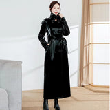 christmas outfit Dodobye Autumn Waterproof Extra Long Black Reflective Shiny Patent Pu Leather Trench Coat for Women Belt Runway Y2K Clothes