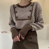 Dodobye Houndstooth Vintage Sweaters Women Long Sleeve Casual Patchwork Knitted Jumpers Korean Loose O Neck Retro Buttons Pullovers