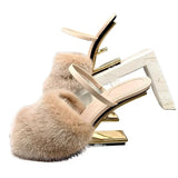 Dodobye Fashion Women Fur Slippers Sexy Peep Toe Gladiator Sandals Dress Pumps Spring Summer Strange Heel Mules High Heel Wedge Shoes