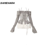 Dodobye Japanese Harajuku Style One Shoulder Hanging Neck Suspender Knitted Coat Shibuya Street Cake Half Skirt Y2k 2 Piece Set