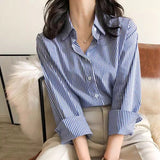 Dodobye Chic Korean Striped Women Shirts Fall Long Sleeve Office Ladies Shirt Blue Elegant Button Up Female Tops New