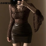 Dodobye Japanese Harajuku Sexy V-neck Horn Long Sleeve Lace Tees High Waist Bag Hip Half Body Leather Skirt Y2k Two Piece Set