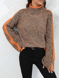 christmas outfit Dodobye Casual Long Sleeves Loose Contrast Color Half Turtleneck Sweater Tops