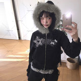 Dodobye Gothic Punk Retro Fur Collar Zipper Hoodie Y2K Harajuku Vintage Trendy Brand Streetwear Sweatshirt Winter Clothing Women Jacket 0114