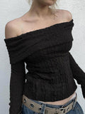 Dodobye-Solid Off Shoulder Slim Cable Knit Long Sleeve Knit